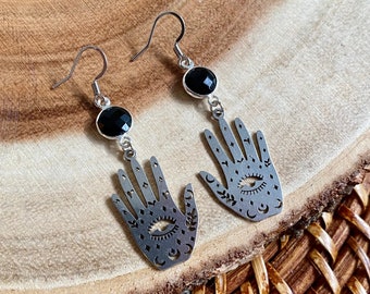 Palmistry Hand Onyx Earrings,  Fortune Teller Jewelry, Witchy Halloween Earrings