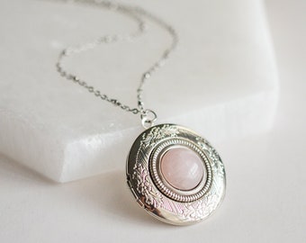Rose Quartz Locket Necklace, Healing Gemstone Jewelry, Gift for Her