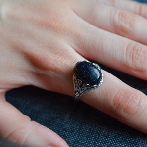 Blue Goldstone Ring, Dark Blue Gemstone Jewelry, Night Sky Boho Ring