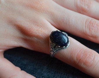 Blue Goldstone Ring, Dark Blue Gemstone Jewelry, Night Sky Boho Ring