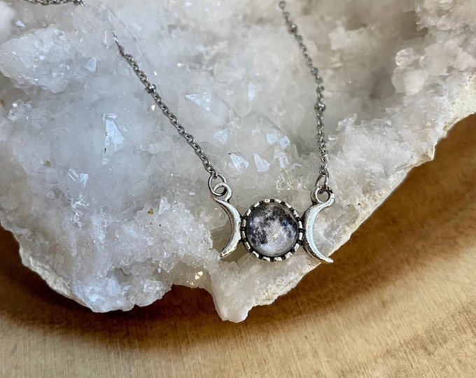 Dainty Triple Moon Necklace, Silver Moon Phase Necklace, Celestial Jewelry Gift Idea