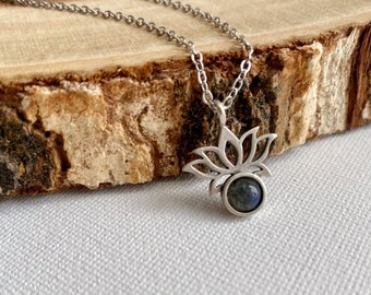Silver Lotus Flower Necklace, Dainty Labradorite Jewelry, Yoga Gift
