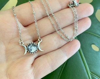 Dainty Triple Moon Necklace, Silver Moon Phase Charm, Celestial Jewelry