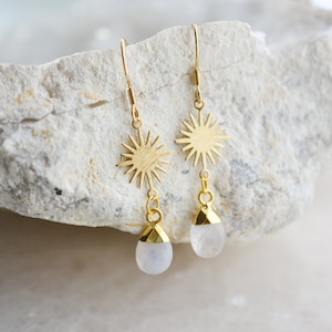 Moonstone Sun Earrings, Boho Celestial Gemstone Jewelry, Gold Sunburst Dangles