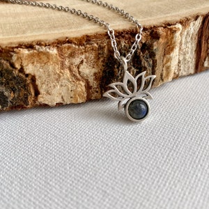 Silver Lotus Flower Necklace, Dainty Labradorite Jewelry, Yoga Gift