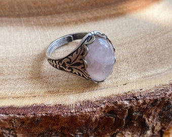 Silver Rose Quartz Ring, Boho Gemstone Jewelry, Self Love Stone, Gift for Girlfriend