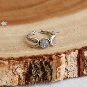 Moonstone Triple Moon Ring, Silver Plated Brass, Adjustable Band