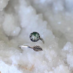Dainty Moss Agate Leaf Ring, Silver Gemstone Ring, Nature Lover Gift