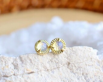 Dainty Opalite Stud Earrings, Minimalist Boho Brass Gemstone Jewelry