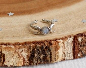 Moonstone Triple Moon Ring, Gemstone Moon Phase Ring, Boho Celestial Jewelry