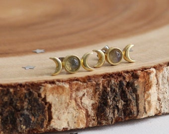 Labradorite Triple Moon Earrings, Gemstone Moon Phase Studs, Celestial Jewelry