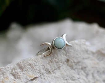 Amazonite Triple Moon Ring, Gemstone Celestial Jewelry, Moon Lover Gift