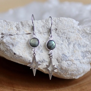 Labradorite Polaris Dangle Earrings, Silver Dangly North Star Earrings, Boho Celestial Jewelry