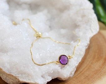 Gold Amethyst Bracelet, Dainty Adjustable Bracelet, February Birthday Gift