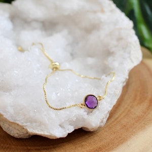 Gold Amethyst Bracelet, Dainty Adjustable Bracelet, February Birthday Gift