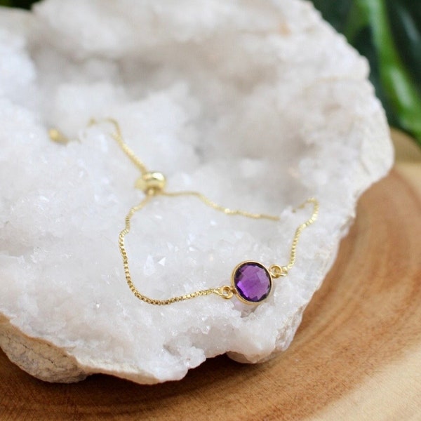 Gold Amethyst Bracelet, Dainty Adjustable Bracelet, February Birthday Gift