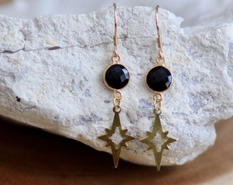 Black Onyx Polaris Dangle Earrings, Gold Dangly North Star Earrings, Boho Celestial Jewelry
