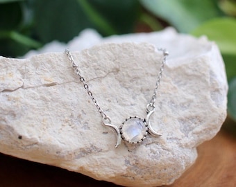 Dainty Triple Moon Moonstone Necklace, Silver Gemstone Moon Phase Jewelry, Celestial Gift Idea