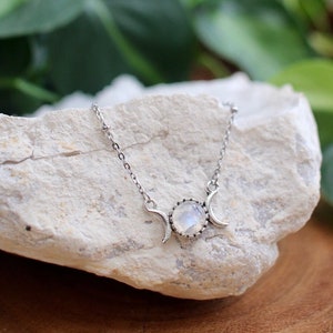 Dainty Triple Moon Moonstone Necklace, Silver Gemstone Moon Phase Jewelry, Celestial Gift Idea