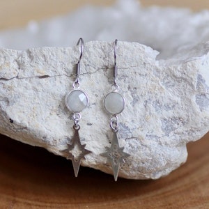 Silver Moonstone Polaris Dangle Earrings, Dangly North Star Earrings, Boho Celestial Jewelry