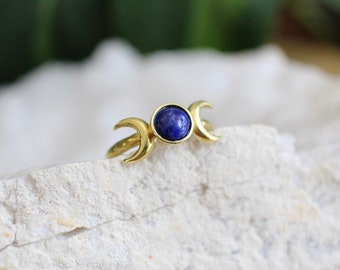 Lapis Lazuli Triple Moon Ring, Moon Phase Blue Gemstone Jewelry, Celestial Gift