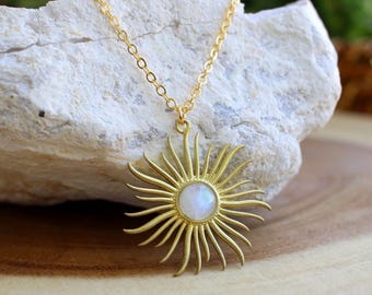 Moonstone Sun Necklace, Gold Sun Boho Jewelry, Natural Gemstone Gift