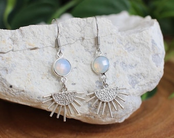 Opalite Silver Sun Dangle Earrings, Handmade Crystal Jewelry, October Birthstone Gift
