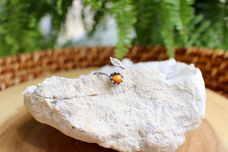 May include: A silver-toned ring with an adjustable band, featuring a small, round, orange gemstone surrounded by tiny clear stones. A delicate leaf design accents the band. The ring is displayed on a white rock against a blurred green and brown background.