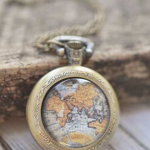 World Map Pocket Watch Necklace Antique Map Necklace Globe Etsy