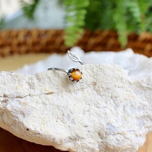 May include: A silver-toned ring with a leaf design and a round, orange gemstone. The ring is set on a white rock, with green foliage in the background. The gemstone is approximately 0.5 inches in diameter.