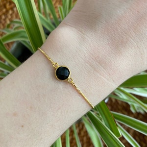 Black Onyx Gold Bracelet, Healing Gemstone Jewelry, Black Stone Minimalist Bracelet