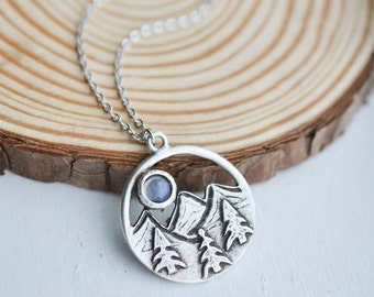 Mountain Moonstone Necklace, Pine Tree Forest Mountain Landscape Jewelry, Nature Lover Gift