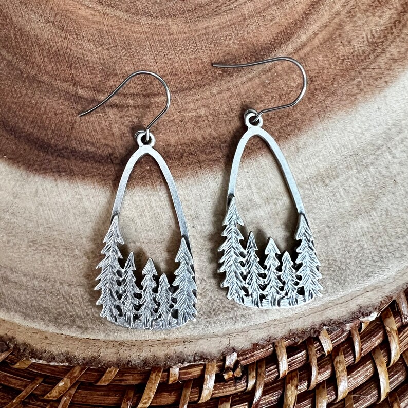 Pine Tree Forest Silhouette Dangle Earrings, Silver Nature Inspired Statement Jewelry, Gift for Outdoor Lover image 3