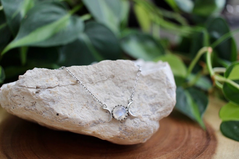Dainty Triple Moon Moonstone Necklace, Silver Gemstone Moon Phase Jewelry, Celestial Gift Idea image 7
