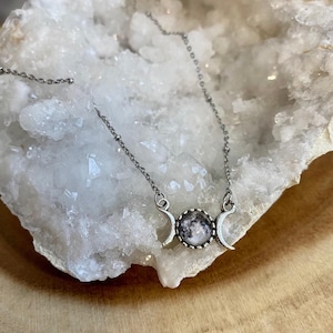 Dainty Triple Moon Necklace, Silver Moon Phase Charm, Celestial Jewelry