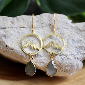 Labradorite Mountain Dangle Earrings, Gold Nature Lover Jewelry, Gift for Hiker