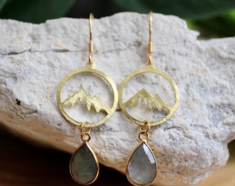 Labradorite Mountain Dangle Earrings, Gold Nature Lover Jewelry, Gift for Hiker