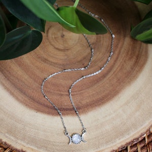 Dainty Triple Moon Moonstone Necklace, Silver Gemstone Moon Phase Jewelry, Celestial Gift Idea image 4
