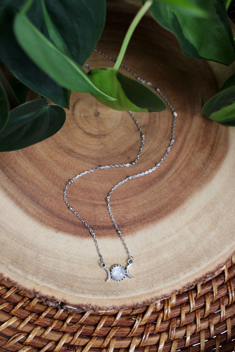 Dainty Triple Moon Moonstone Necklace, Silver Gemstone Moon Phase Jewelry, Celestial Gift Idea image 4