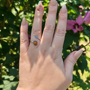 May include: A silver ring with a leaf design and a round, amber-colored stone. The ring is on a hand with long, polished nails. The background is blurred green foliage and pink flowers.