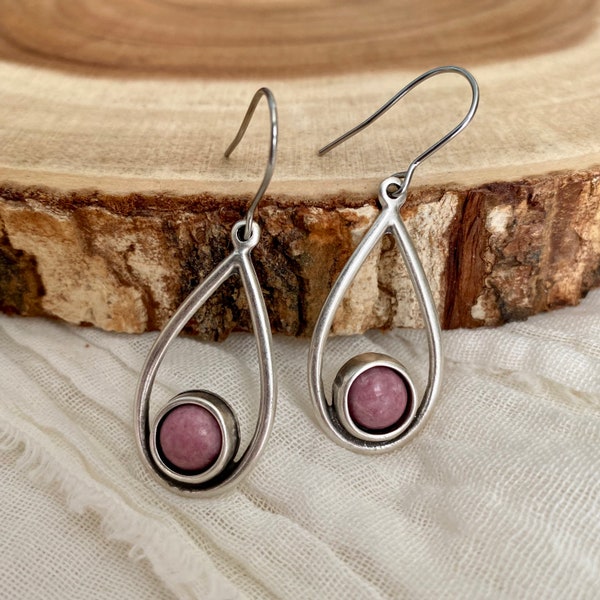 Rhodonite Drop Earrings, Gemstone Dangle Earrings, Pink Stone Jewelry