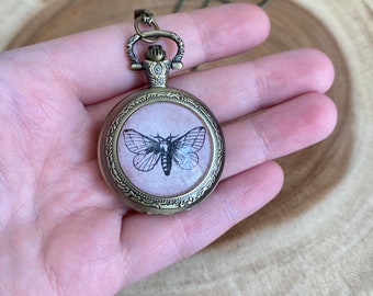 Moth Pocket Watch Necklace, Cottagecore Insect Jewelry, Nature Lover Gift