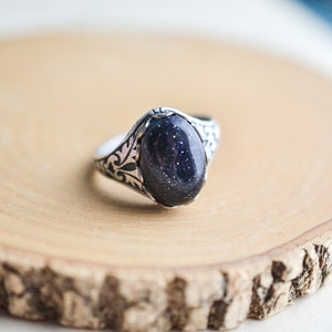 Blue Goldstone Ring Boho Gemstone Ring Healing Stone Jewelry