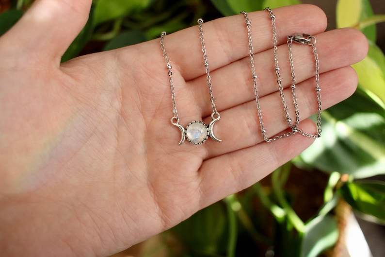 Dainty Triple Moon Moonstone Necklace, Silver Gemstone Moon Phase Jewelry, Celestial Gift Idea image 3