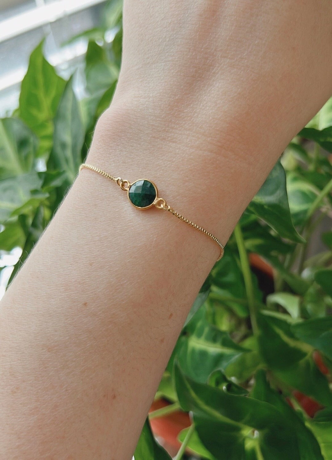 Dainty Gold Emerald Bracelet, Green Gemstone Jewelry, May Birthday
