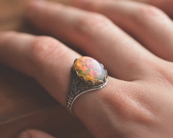 Pink Glass Fire Opal Ring, Boho Statement Jewelry