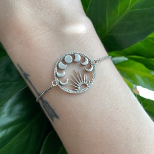 Sun and Moon Phases Silver Bracelet, Adjustable Celestial Bracelet, Boho Jewelry