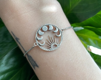 Sun and Moon Phases Silver Bracelet, Adjustable Celestial Bracelet, Boho Jewelry