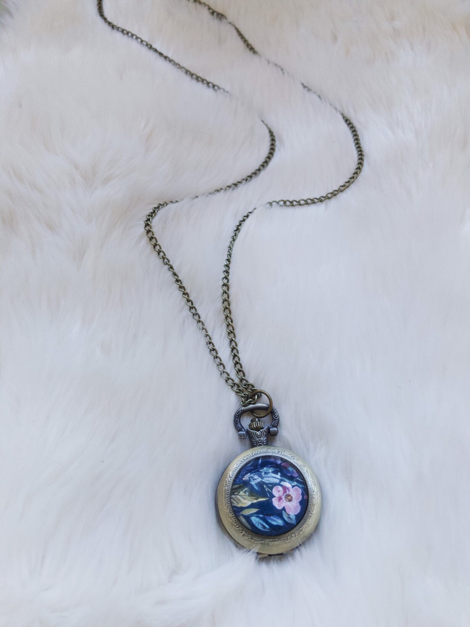 Dark Floral Pocket Watch Necklace Long Boho Necklace Etsy