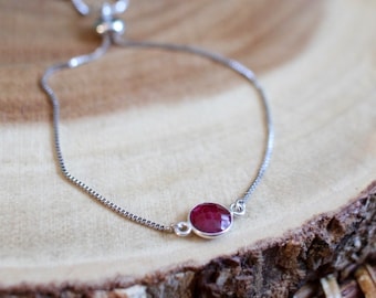Ruby Silver Bracelet, Red Gemstone Jewelry, July Birthstone Gift